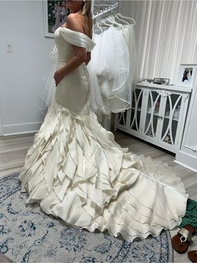 Matthew Christopher Satin Ivory Trumpet Bridal Gown